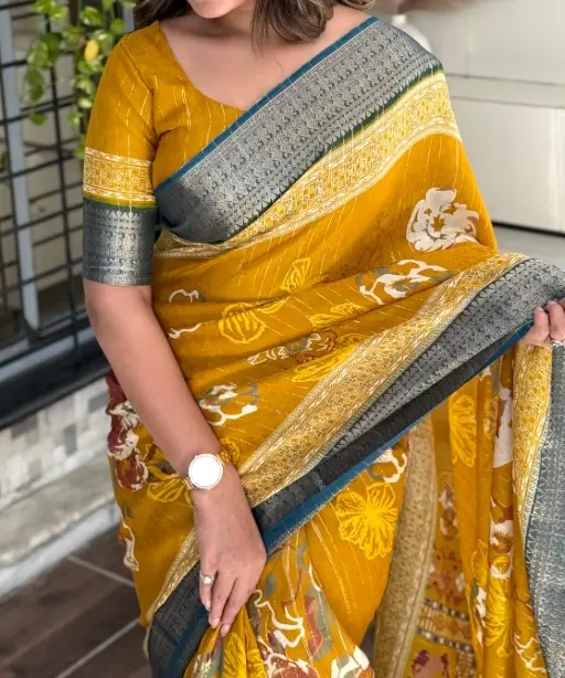 Stylish Printed Jacquard Border Office Saree