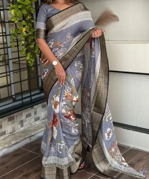 Stylish Printed Jacquard Border Office Saree
