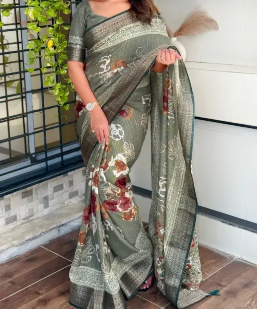 Stylish Printed Jacquard Border Office Saree