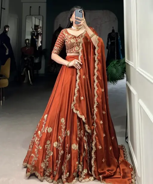 Wedding Wear Orange Lehenga with Flower Embroidery