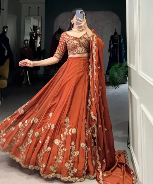 Wedding Wear Orange Lehenga with Flower Embroidery