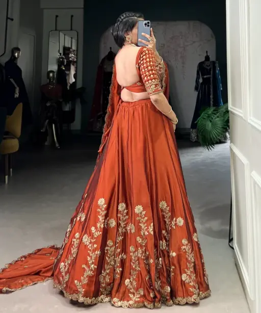 Wedding Wear Orange Lehenga with Flower Embroidery