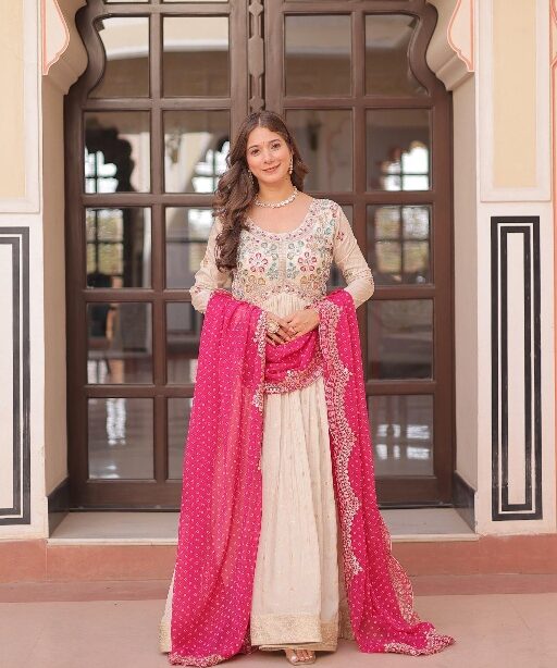 Embroidery Readymade Gown with Bandhej Dupatta