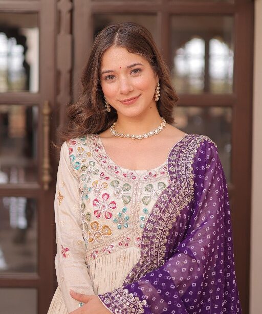 Embroidery Readymade Gown with Bandhej Dupatta