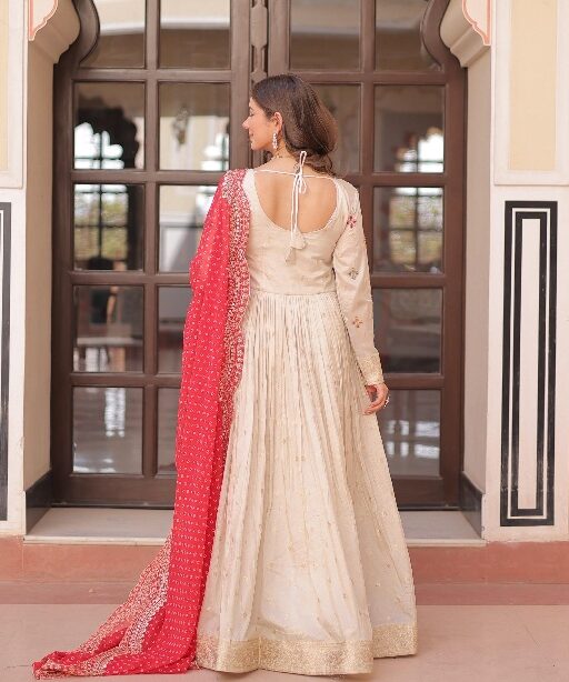 Embroidery Readymade Gown with Bandhej Dupatta