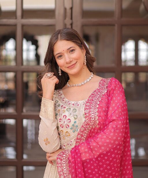Embroidery Readymade Gown with Bandhej Dupatta