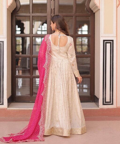 Embroidery Readymade Gown with Bandhej Dupatta