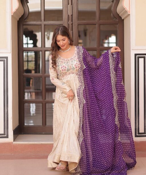 Embroidery Readymade Gown with Bandhej Dupatta