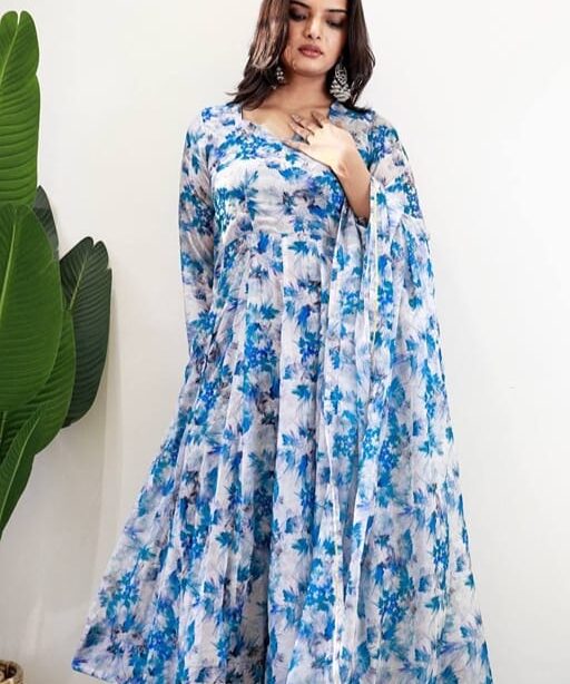 Floral Printed Party Gown with Dupatta