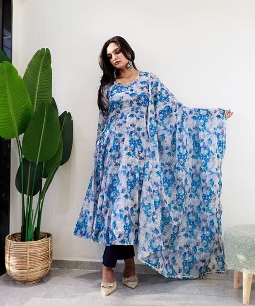 Floral Printed Party Gown with Dupatta