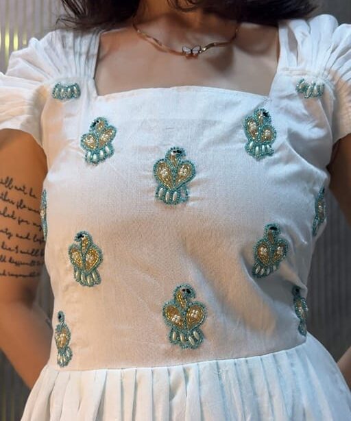 Shop Cotton Gown Dress with Pearl Hand Work