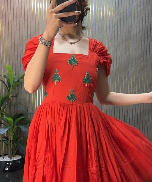 Shop Cotton Gown Dress with Pearl Hand Work