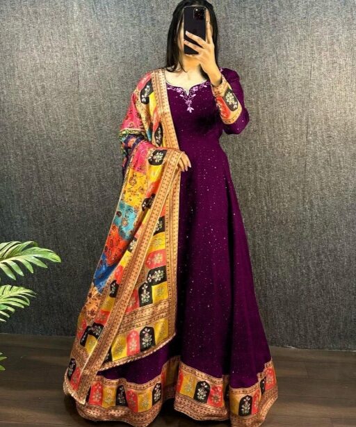 Shop Sequence Gown with Printed Dupatta