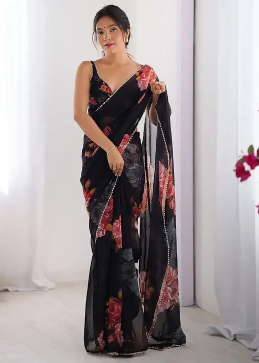Buy Floral Georgette Saree with Pearl Lace