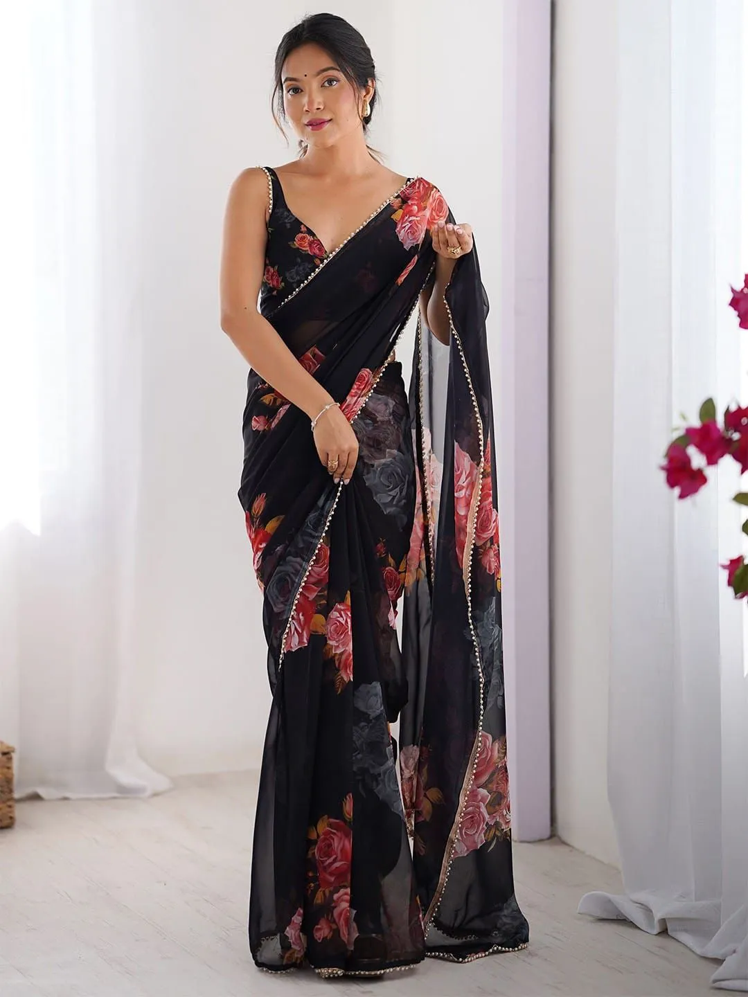 Buy Floral Georgette Saree with Pearl Lace