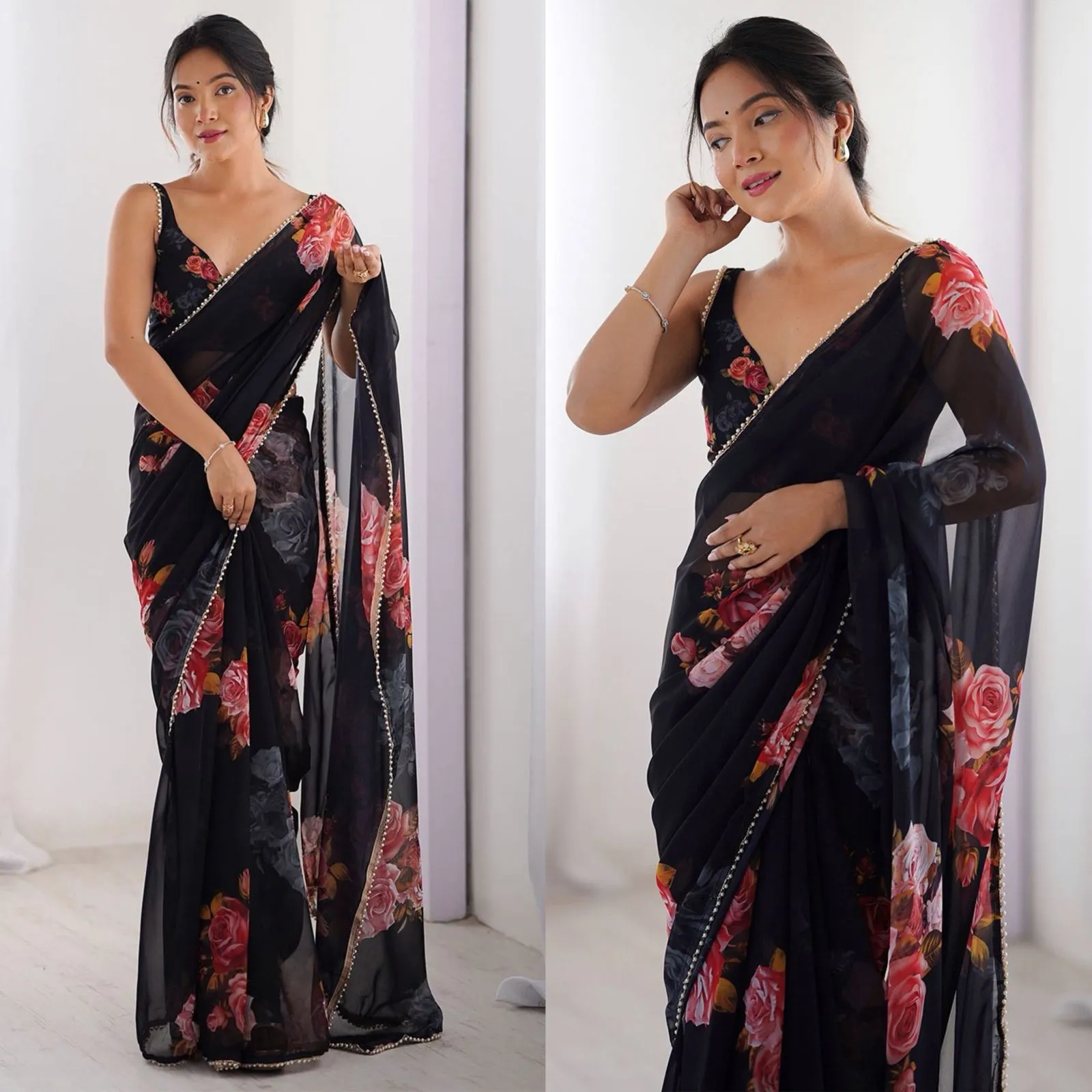 Buy Floral Georgette Saree with Pearl Lace - Image 2