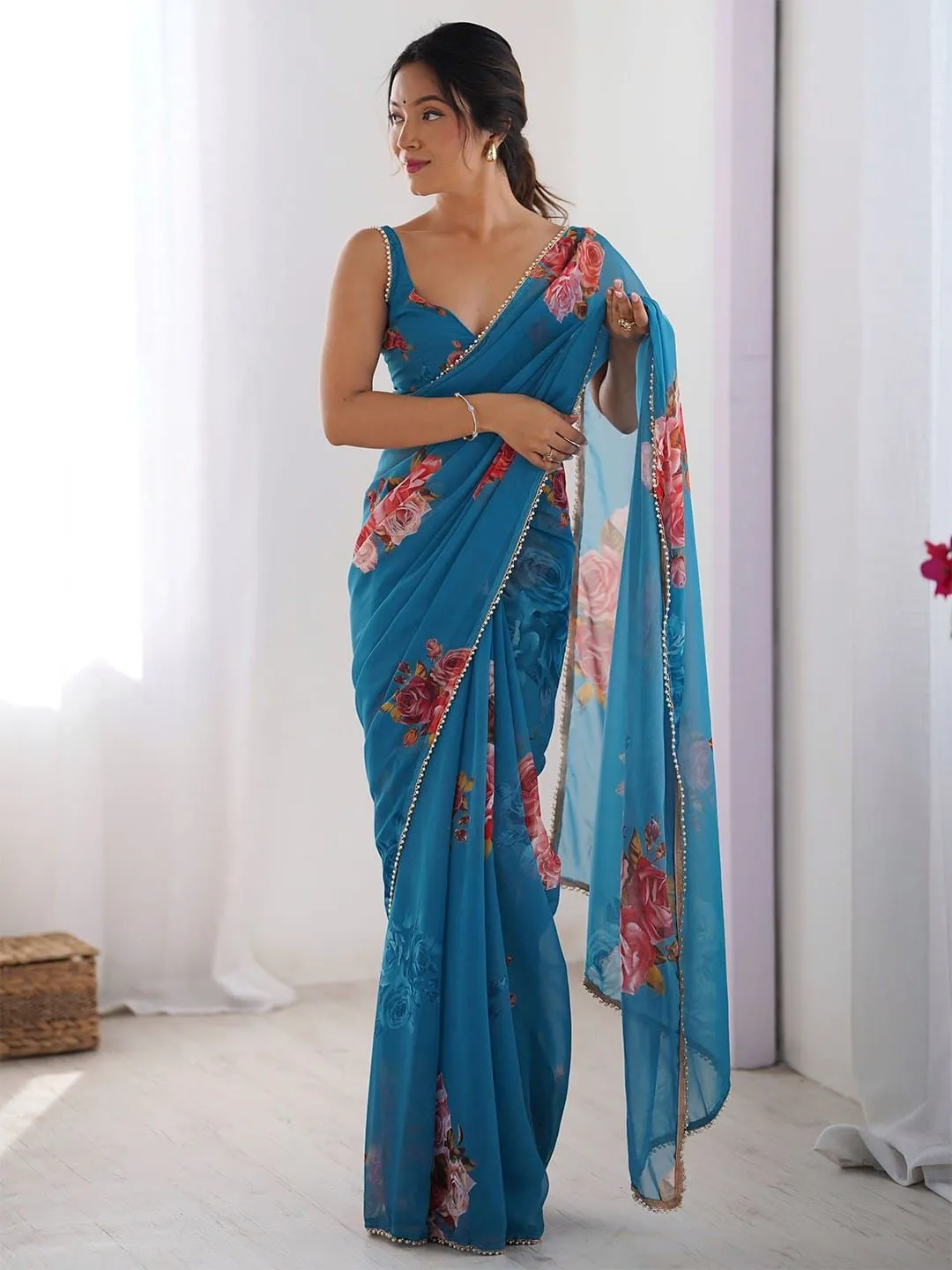 Buy Floral Georgette Saree with Pearl Lace - Image 3