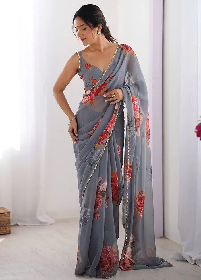 Buy Floral Georgette Saree with Pearl Lace - Image 4