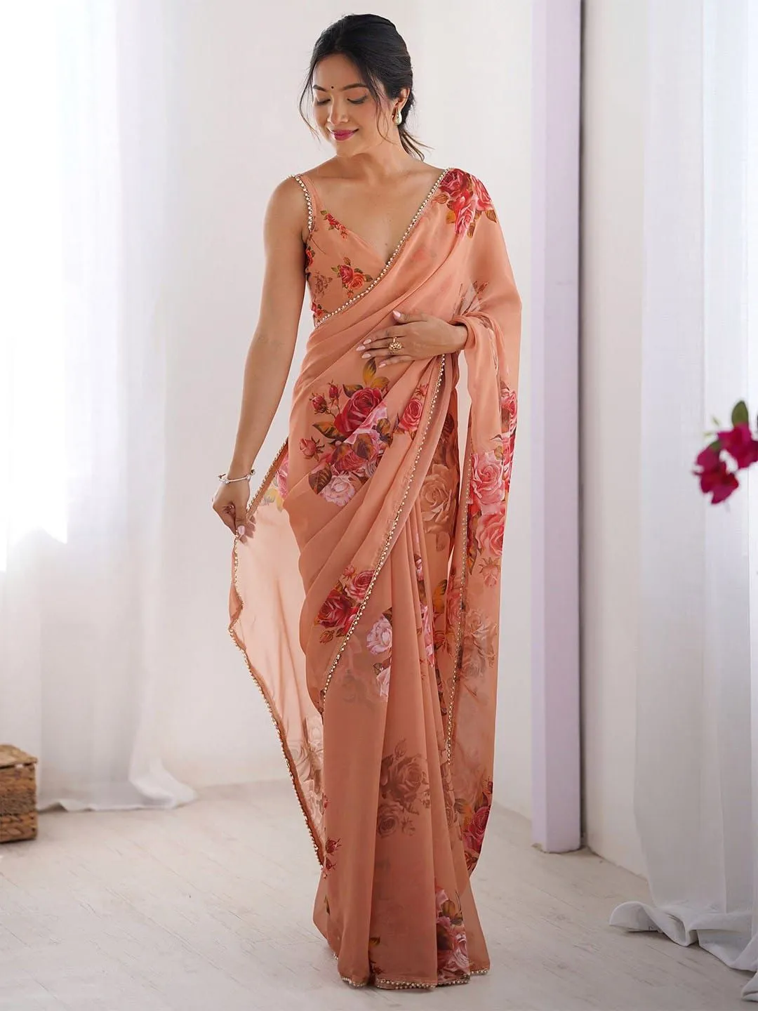 Buy Floral Georgette Saree with Pearl Lace - Image 5