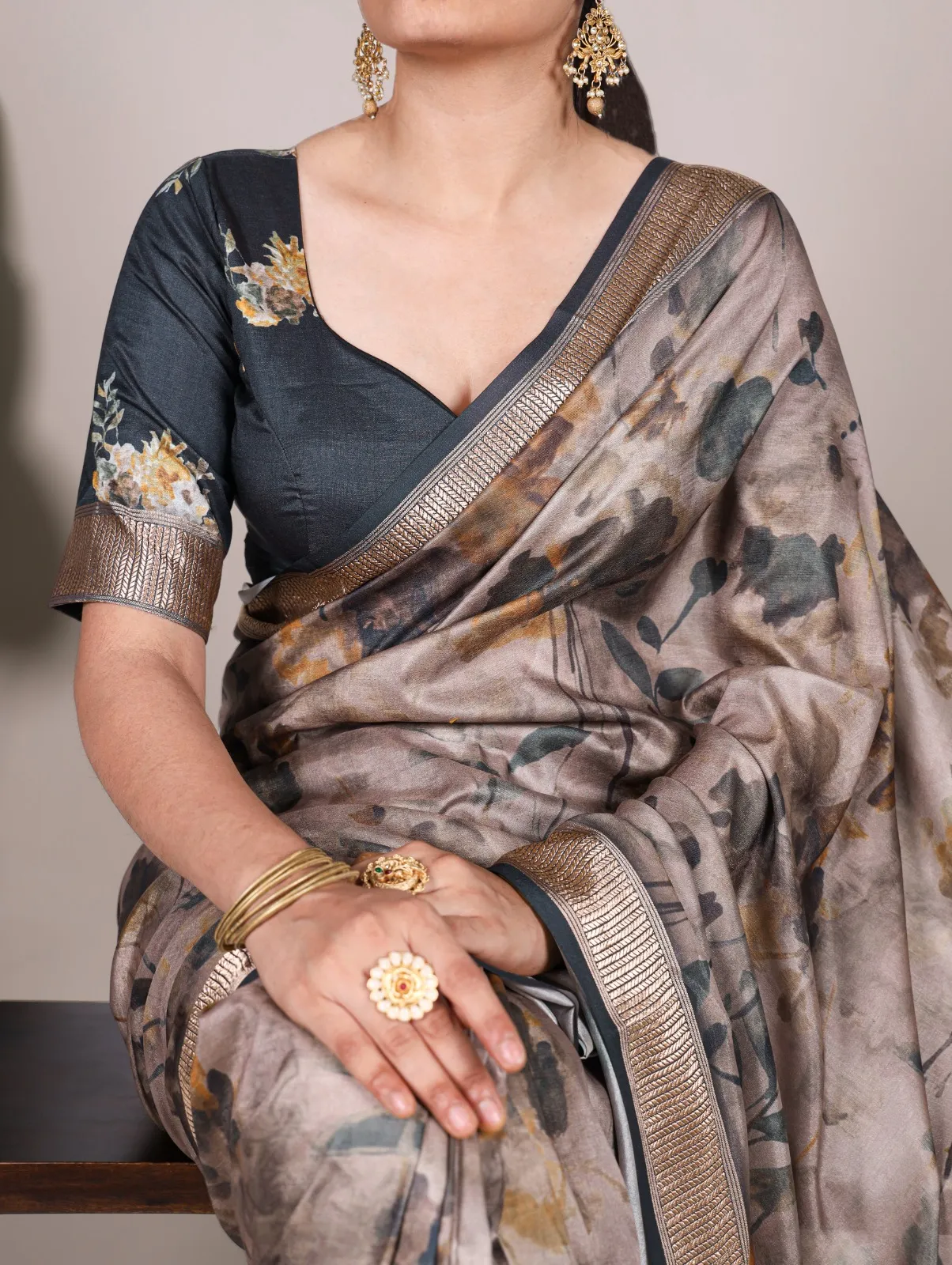 Tussar Silk Floral Printed Saree - Image 2