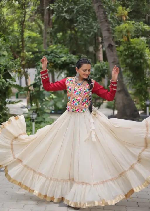White Chaniya With Traditional kutchi Work Blouse