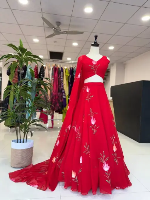 Beautiful Red Floral Big Flair Wedding Lehenga
