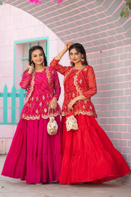 Buy Bandhani Printed Crop top with Jacket and Lehenga