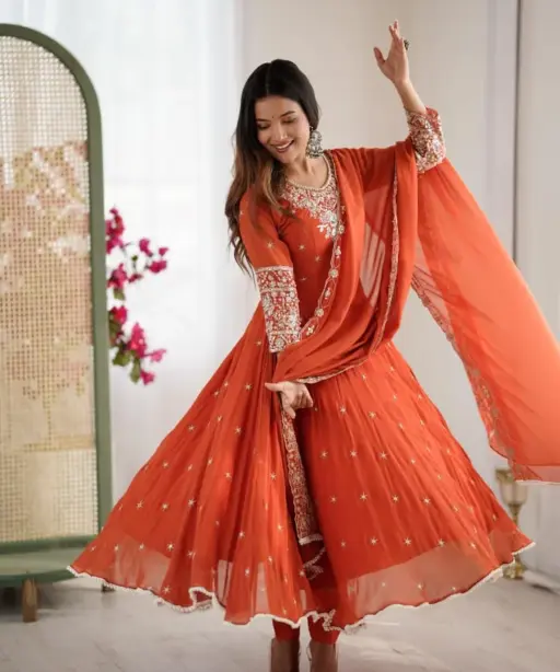 Buy Orange Color Festive Special Anarkali Gown
