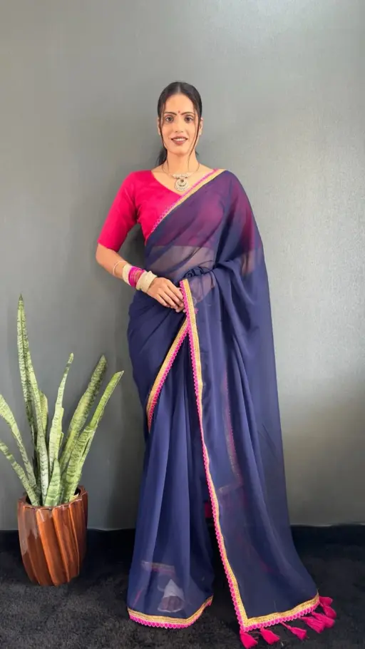 Buy Plain Saree with Lace border and funka