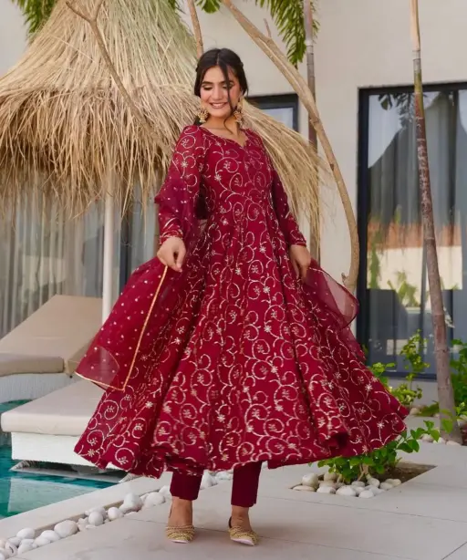 Buy Red Full Embroidery Anarkali Gown