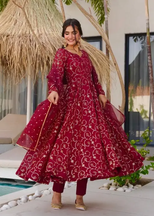 Buy Red Full Embroidery Anarkali Gown
