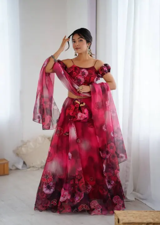 Cherry Red Floral Lehenga with Fancy Blouse Pattern