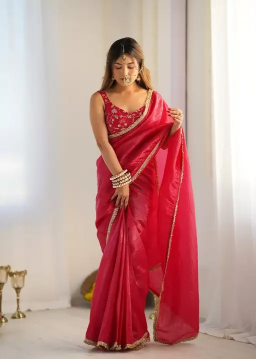 Diwali wear Red Color Saree with Stitched Blouse