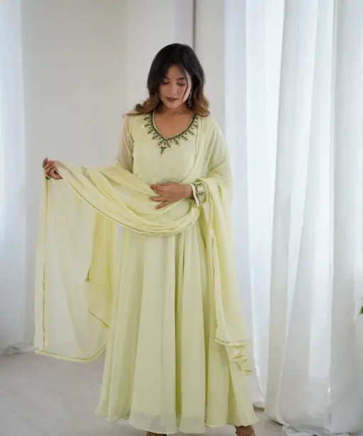 Festive Special Lime Color Handwork Gown