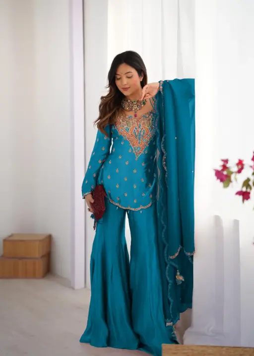 Festive Wear Bollywood Style Short Top with Flair palazzo