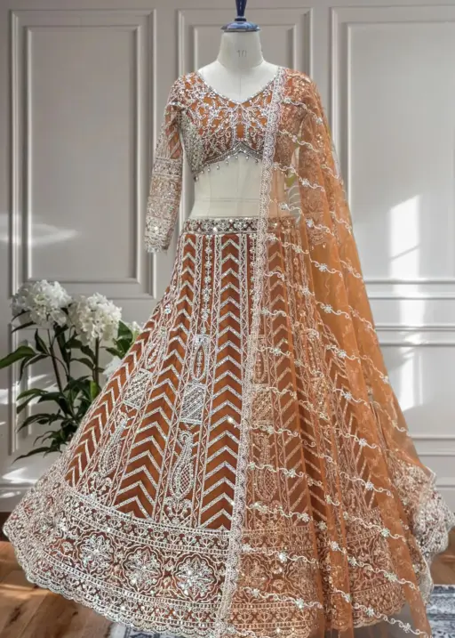 Festive Wear Orange Net Lehenga
