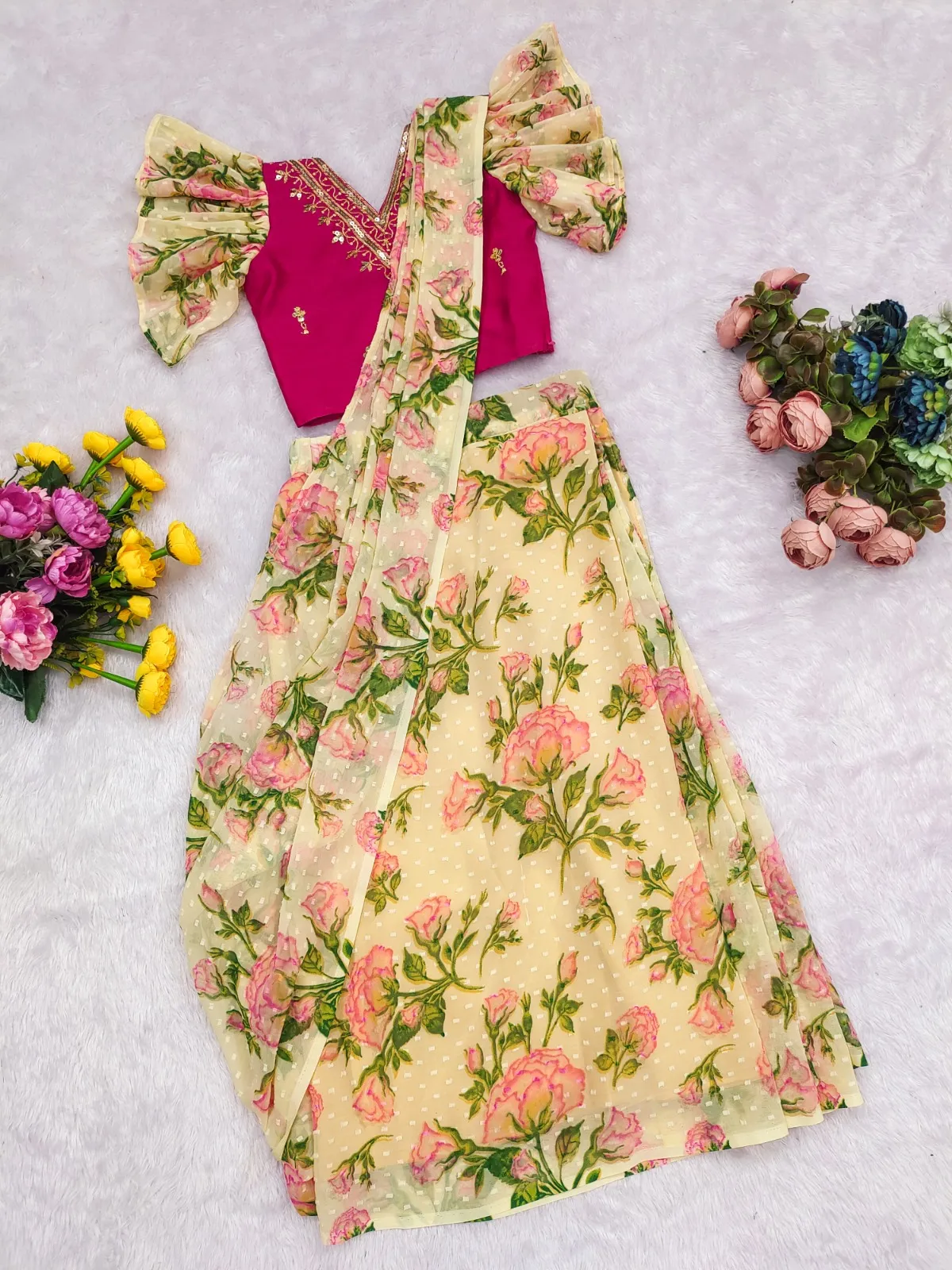 Floral Readymade Saree For Small Girls Kids