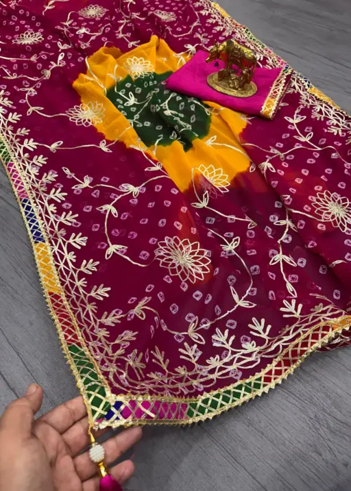Jaipuri Bandhani Saree with Gota Work For Festive wear