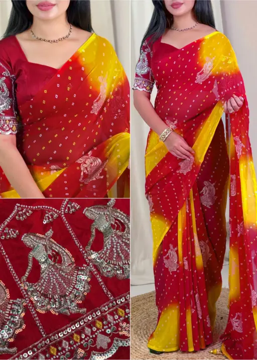 Karwa Chauth Special Bandhani Printed Khatli Work Saree