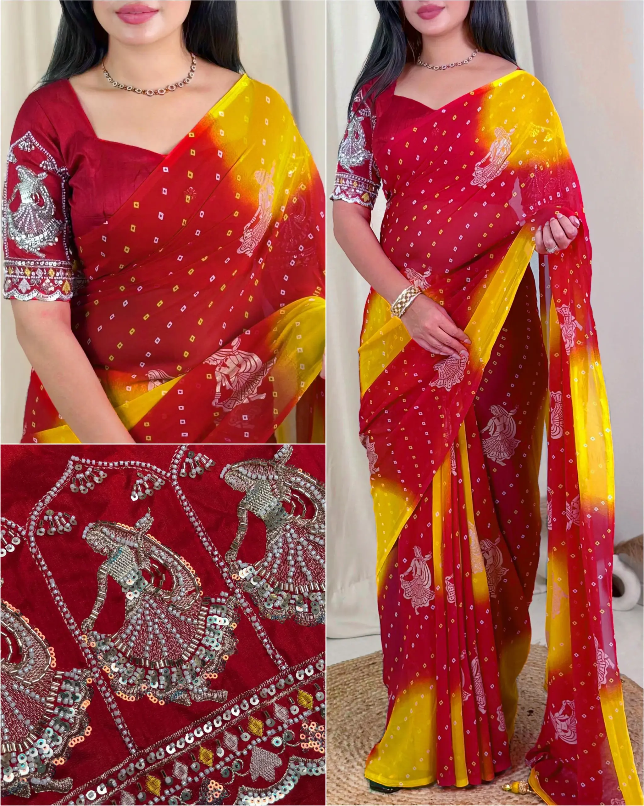 Karwa Chauth Special Bandhani Printed Khatli Work Saree