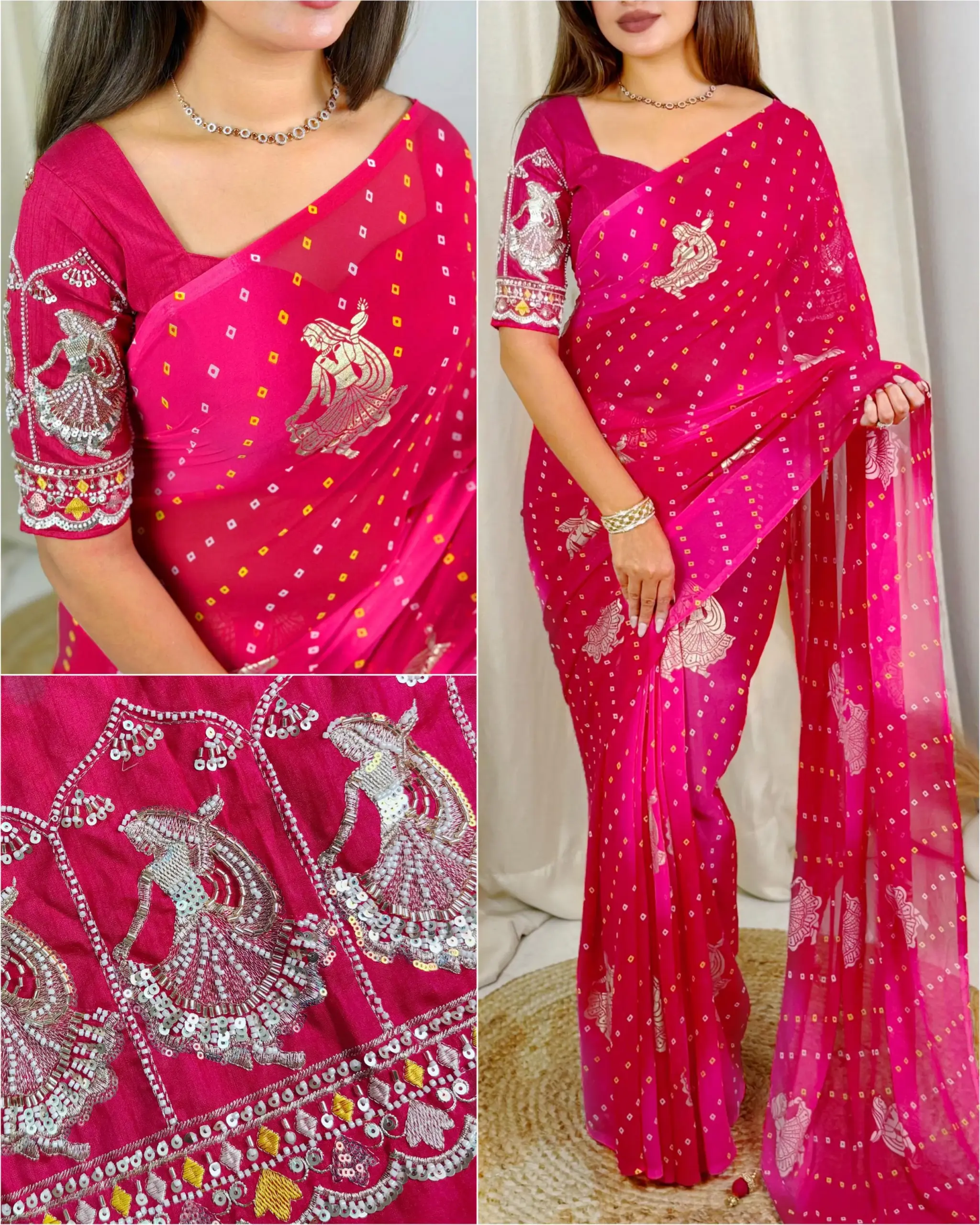 Karwa Chauth Special Bandhani Printed Khatli Work Saree - Image 3