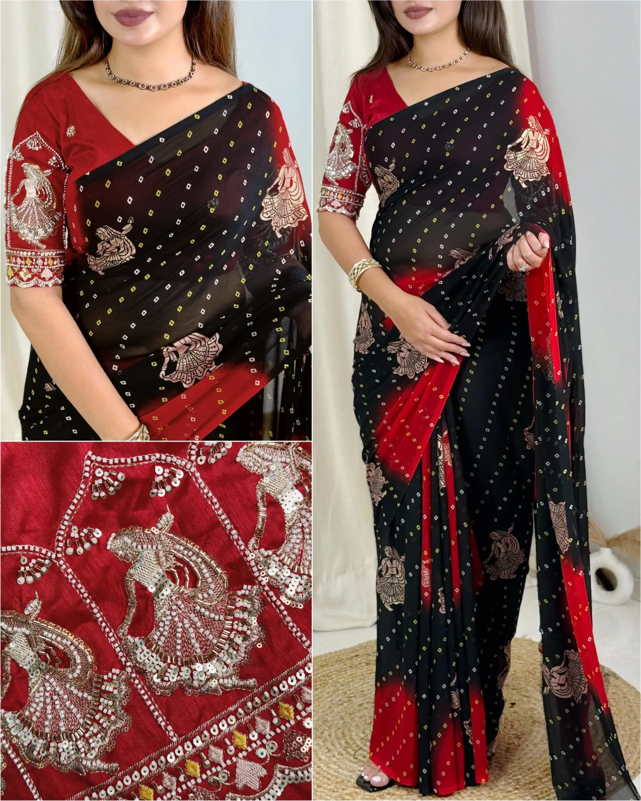 Karwa Chauth Special Bandhani Printed Khatli Work Saree - Image 8