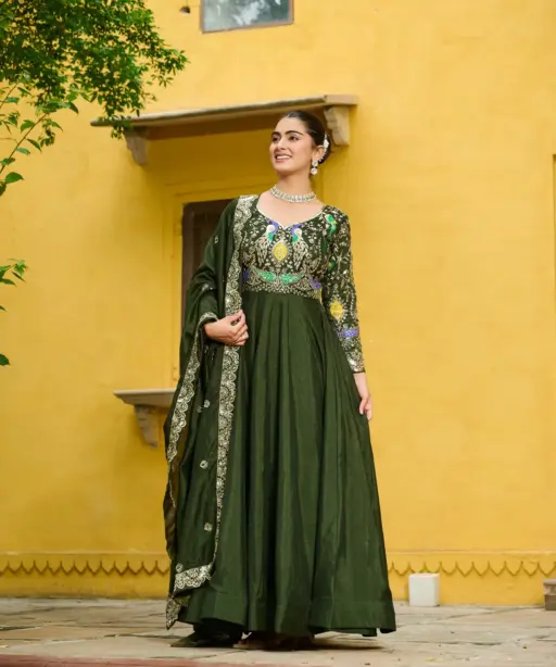 Mehendi Color Festive Gown with Dupatta