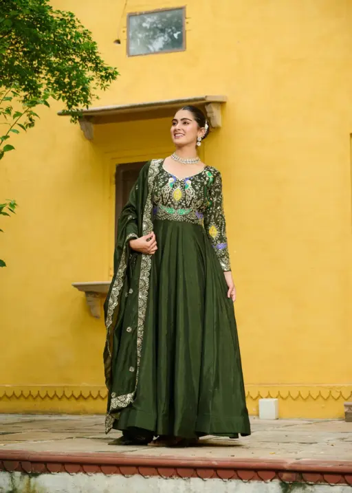 Mehendi Color Festive Gown with Dupatta