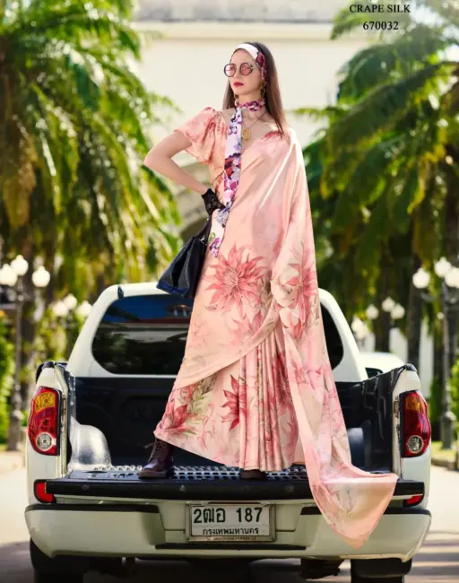 Partywear Digital Printed Satin Crepe Saree