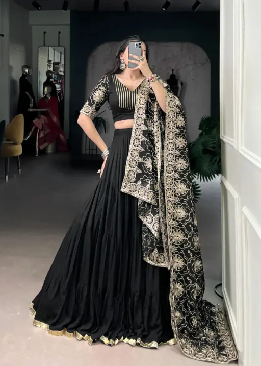 Pure Black Big Flair Lehenga Choli with Heavy Dupatta