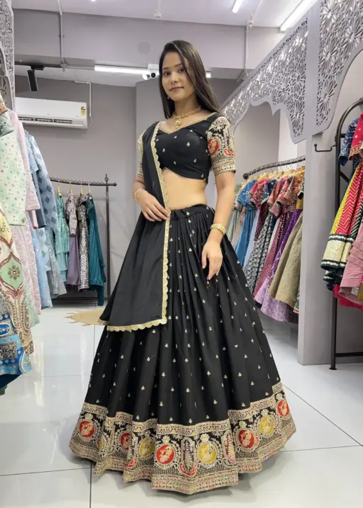 Pure Black Lehenga with Multi Color Embroidery