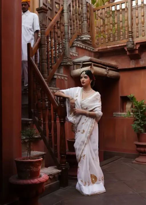 Pure White Saree with Golden Embroidery Bollywood Saree