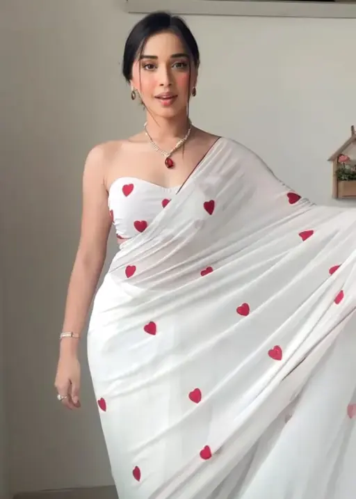 Readymade White Saree  with Heart Embroidery