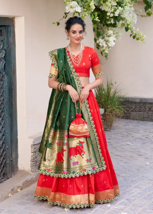 Red Paithani Silk Lehenga Choli for Marathi Bride
